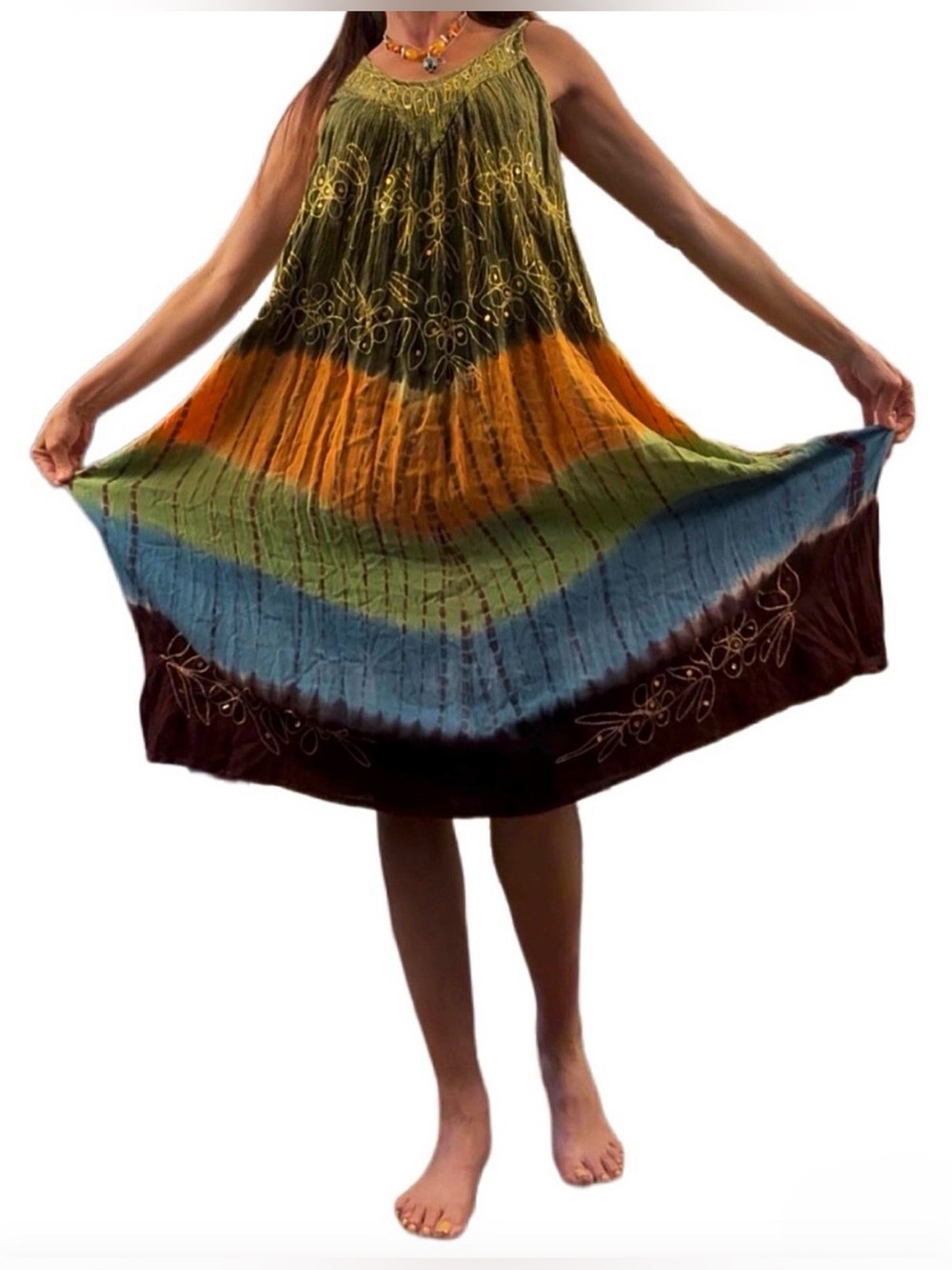 * Laddi Boho Embroidered Tie Dye Maxi Dress One Size Cotton Rayon